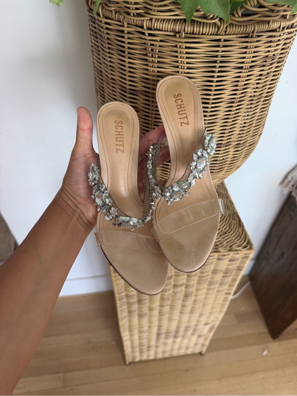 SCHUTZ Nude Jeweled Slide Mules